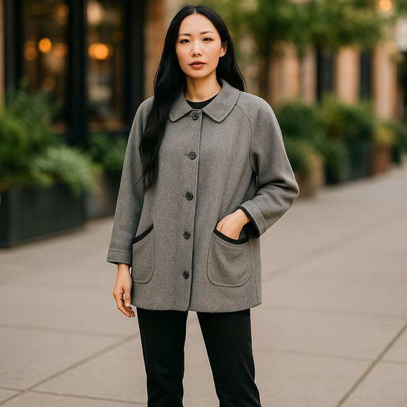 Haband Reversible Wool and Silk Coat with Leather Trim Pockets Size 2X - Picture 1 of 16